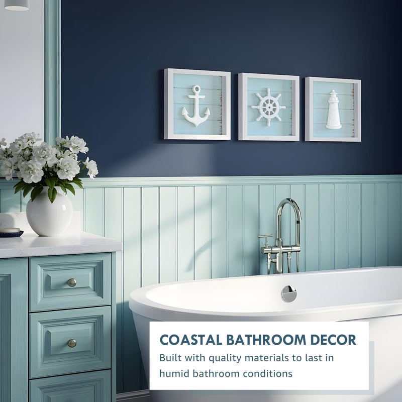 Tide and Tales TideAndTales 3D Nautical Wall Decor (7"x7"), Coastal Theme Home Decorations with Anchor, Lighthouse and Ship Wheel, Rustic Ocean Inspired Bathroom Decor - Nautical Gifts - Framed Set of 3 - Image 5